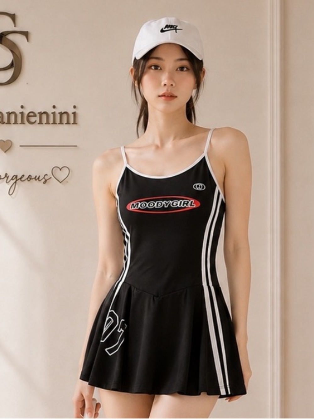 Black Y2K Moody Girl Striped Spaghetti Strap Mini Tennis Dress Skort Romper